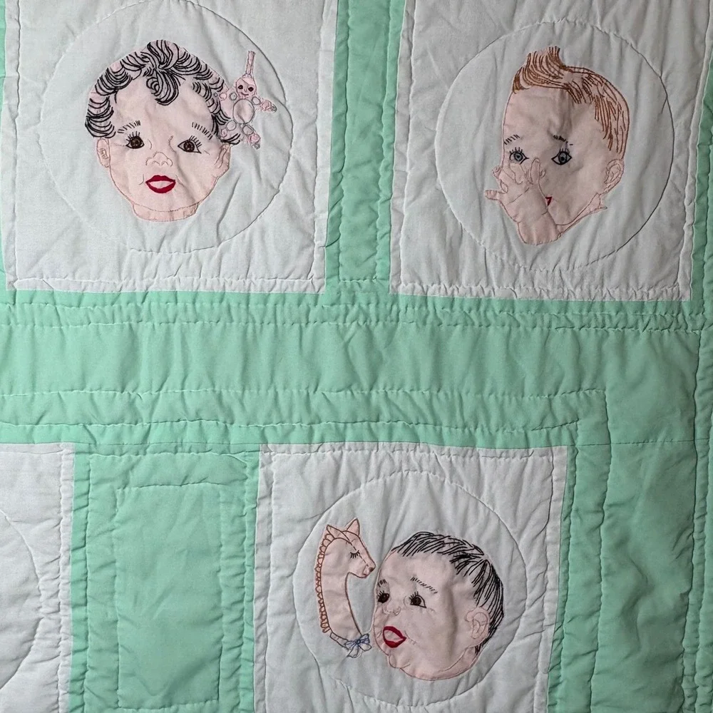 Vtg Kitsch Baby Face Quilt Hand Embroidered Mint Green Mid Century Nursery Boho